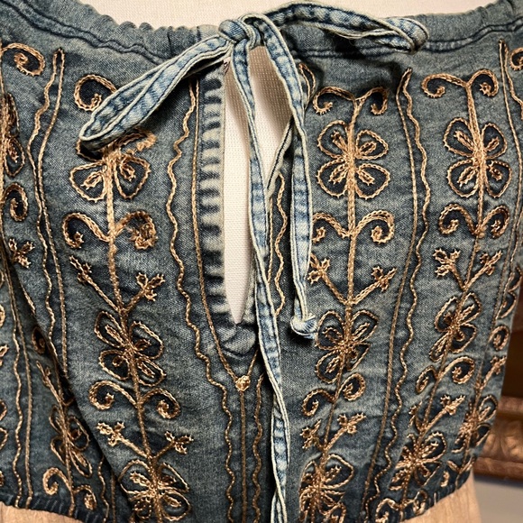 Bohemian Western Blue and Caramel Midi Dress Embroidered Denim Lace Sz Large NWT - Picture 4 of 7